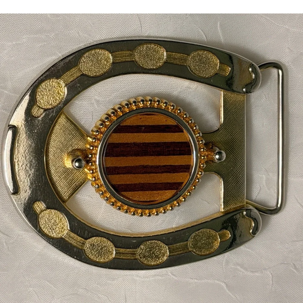 Vintage Horseshoe Belt Buckle Gold Silver Tone Two Tone Wood Inlay Western
